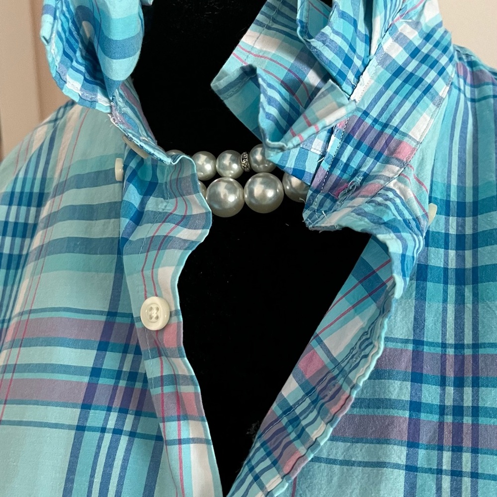 Upcycled Old Navy Plaid Button-Down Shirt in Light Blue, Pink Ruffle collar